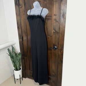 NWT Crystal Sky Size L womens Black Jumpsuit w Feather Trim cocktail party event
